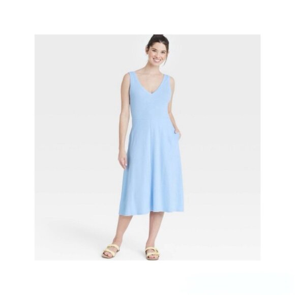 A New Day Womens Dress Light Blue Midi Pockets Cotton Blend Ballet Tank Sz L NWT - Picture 1 of 13